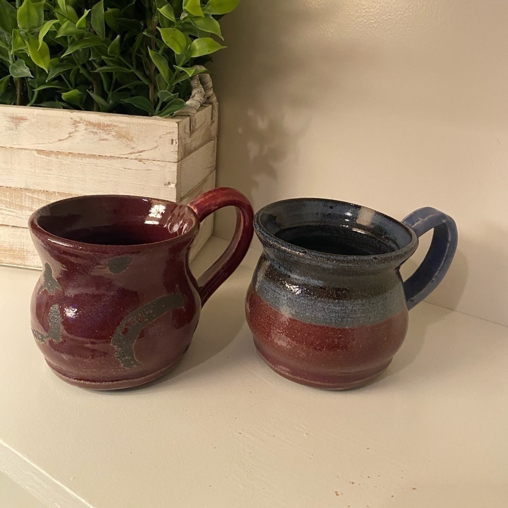 Hand Thrown Pottery Coffee Mug-  Set of 2 - Signed by Artist  Rustic Farmhouse.